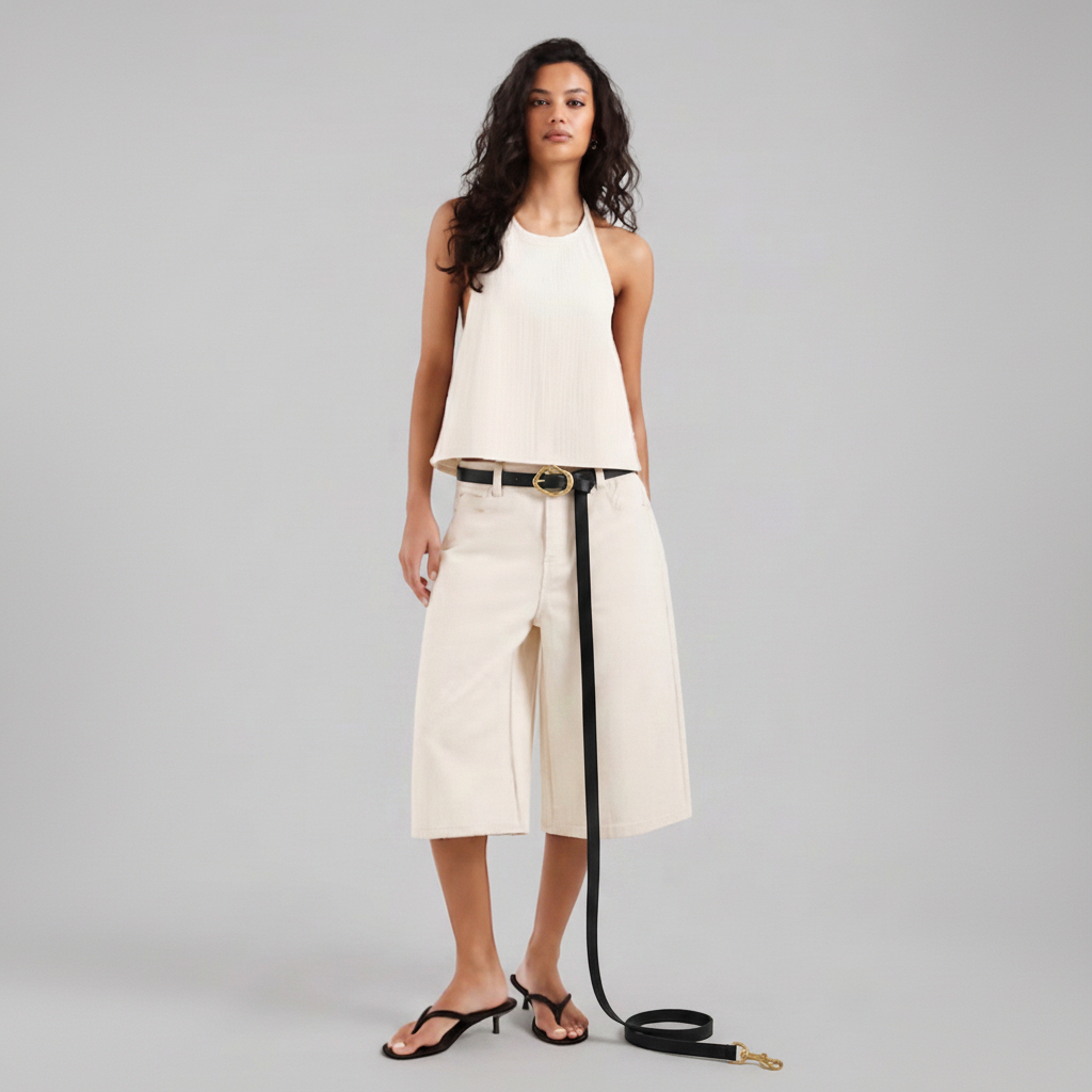 Woman wearing a white sleeveless top and beige wide-leg pants with a black leash belt, standing against a gray background.