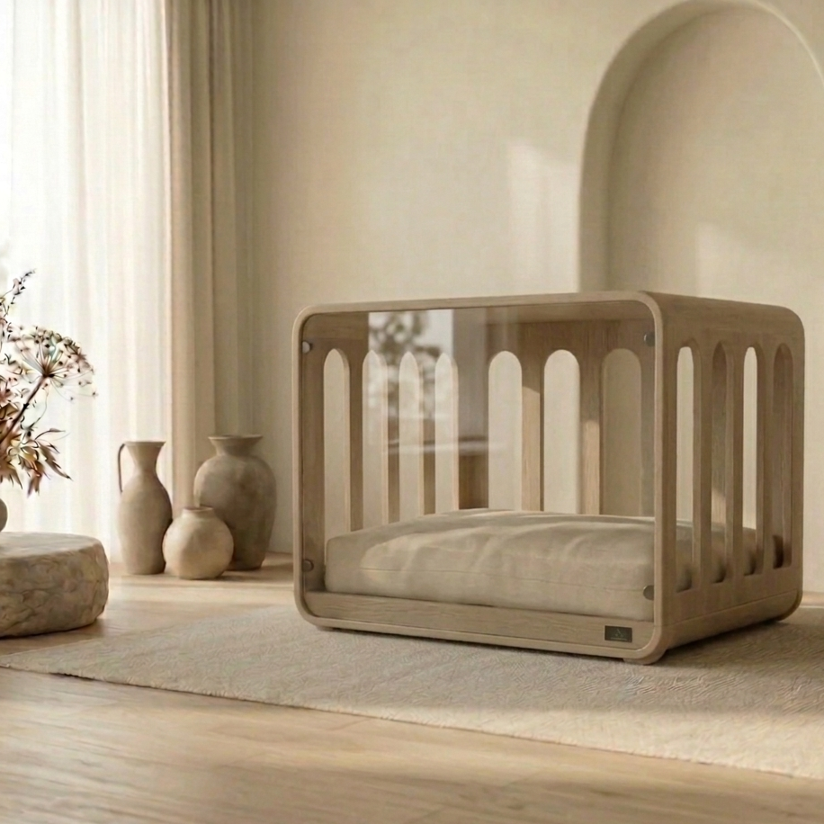 Beige dog crate in a minimalistic room with neutral decor
