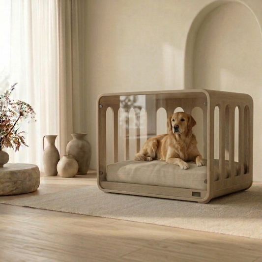 Dog lying on a modern pet bed in a stylish room with neutral decor.