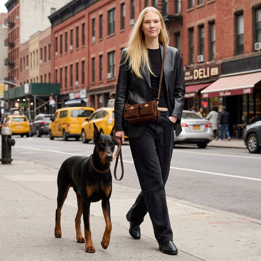Woman walking a dog on a city street with buildings and cars in the background