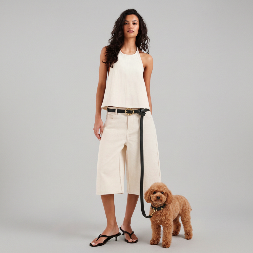 Woman in a white sleeveless top and beige pants holding a black dog belt leash with a small brown dog standing next to her on a gray background.